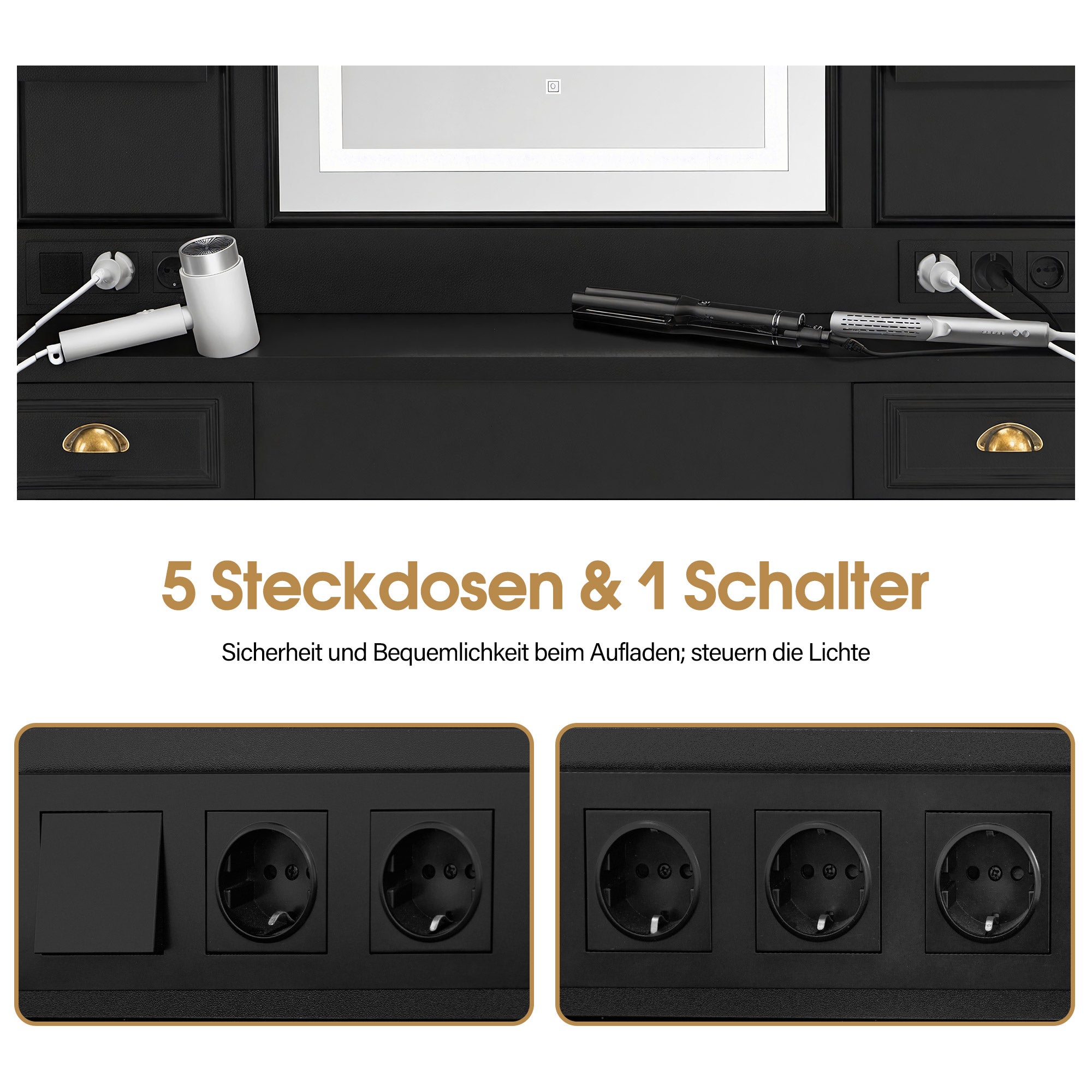 BarberPub Friseurplatz mit 2 Schubladen, Schminktisch mit Spiegel, Bedienungsplatz mit 6 Ablagen&2 Schränken, Spiegelschrank mit Beleuchtung, Spiegeltisch Modern, Friseureinrichtung, J3144 (Schwarz)