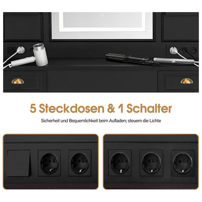 Postazione da parrucchiere BarberPub con 2 cassetti, toeletta con specchio, postazione operativa con 6 ripiani e 2 armadietti, armadietto a specchio con illuminazione, tavolo con specchio moderno, arredamento per parrucchieri, J3144 (nero)