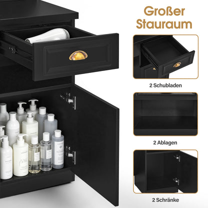 BarberPub Friseurplatz mit 2 Schubladen, Schminktisch mit Spiegel, Bedienungsplatz mit 6 Ablagen&2 Schränken, Spiegelschrank mit Beleuchtung, Spiegeltisch Modern, Friseureinrichtung, J3144 (Schwarz)