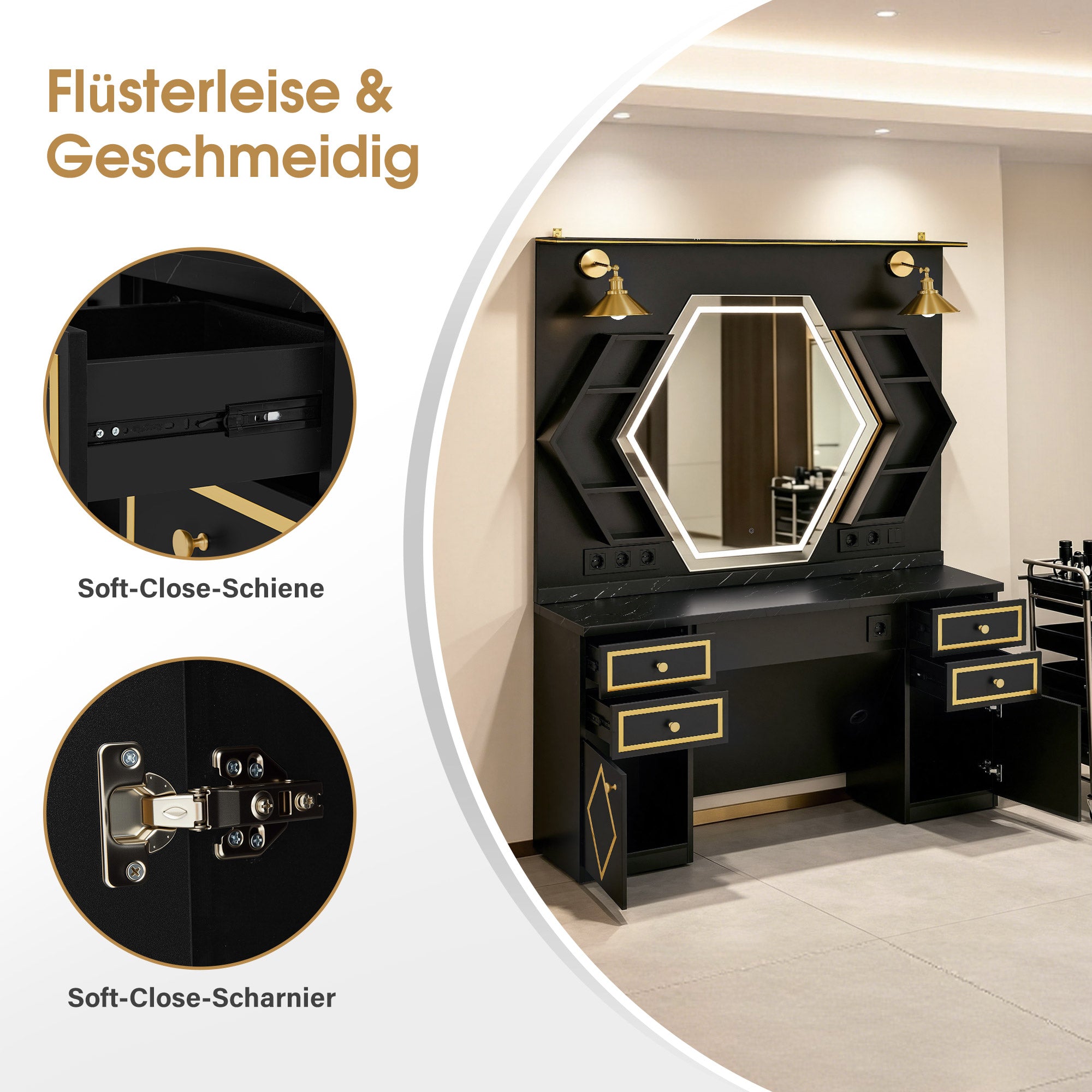 BarberPub Friseurplatz mit 4 Schubladen, Schminktisch mit Spiegel, Bedienungsplatz mit 6 Ablagen & 2 Schränken, Spiegelschrank mit Beleuchtung, Spiegeltisch Friseureinrichtung, J3158 (Schwarz-Gold)