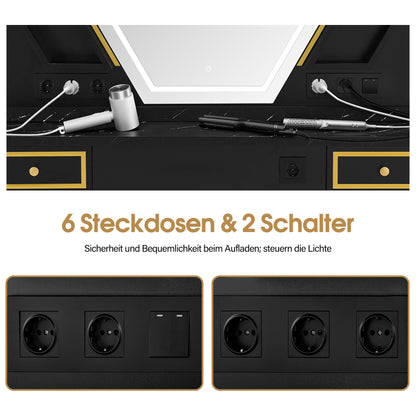 BarberPub Friseurplatz mit 4 Schubladen, Schminktisch mit Spiegel, Bedienungsplatz mit 6 Ablagen & 2 Schränken, Spiegelschrank mit Beleuchtung, Spiegeltisch Friseureinrichtung, J3158 (Schwarz-Gold)