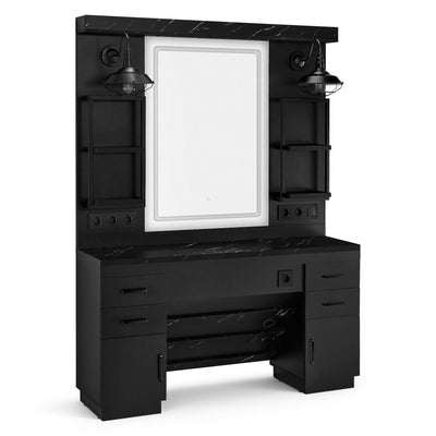 BarberPub Hairdressing Station with 4 Drawers, Vanity Table with Mirror, Styling Station with 4 Shelves & 2 Cabinets, Mirror Cabinet with Lighting, Mirror Table, Hair Salon Furniture, 3187