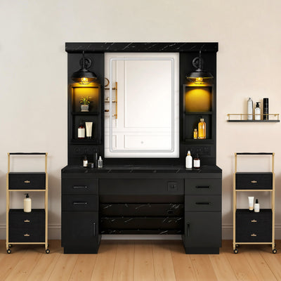 BarberPub Hairdressing Station with 4 Drawers, Vanity Table with Mirror, Styling Station with 4 Shelves & 2 Cabinets, Mirror Cabinet with Lighting, Mirror Table, Hair Salon Furniture, 3187