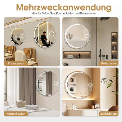 BarberPub Wandspiegel mit Beleuchtung, Badspiegel mit Aluminiumrahmen, Runder Spiegel mit Touch-Schalter, 3 Lichtfarben Dimmbar, Badezimmerspiegel für Friseursalon, Spa, 83x83cm, J6228 (Silber)