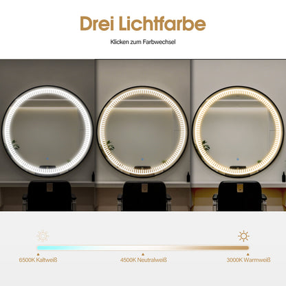 BarberPub Wandspiegel mit Beleuchtung, Badspiegel mit Aluminiumrahmen, Runder Spiegel mit Touch-Schalter, 3 Lichtfarben Dimmbar, Badezimmerspiegel für Friseursalon, Spa, 83x83cm, J6236