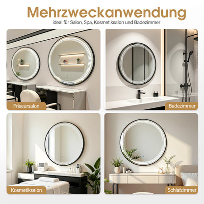 BarberPub Wandspiegel mit Beleuchtung, Badspiegel mit Aluminiumrahmen, Runder Spiegel mit Touch-Schalter, 3 Lichtfarben Dimmbar, Badezimmerspiegel für Friseursalon, Spa, 83x83cm, J6236