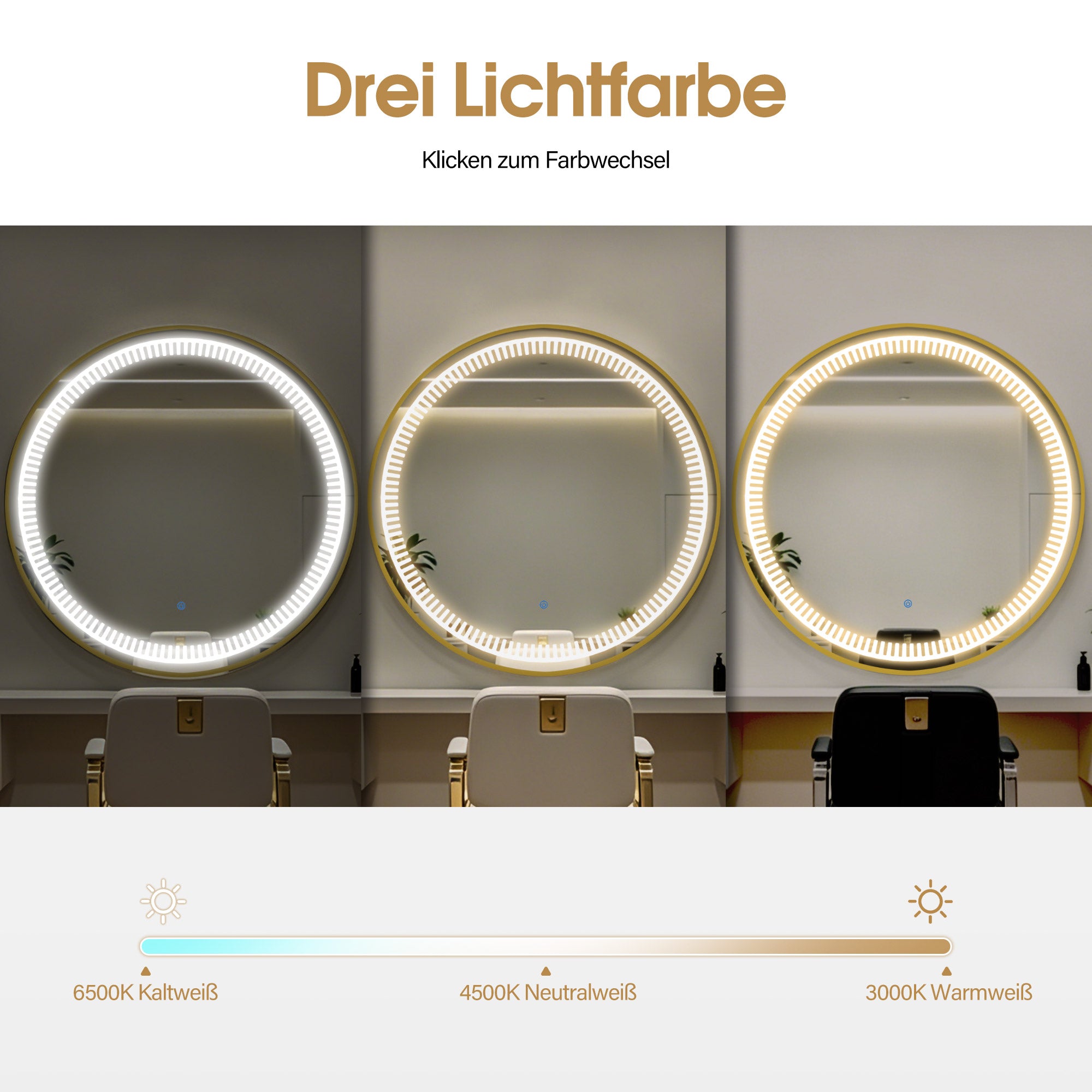 BarberPub Wandspiegel mit Beleuchtung, Badspiegel mit Aluminiumrahmen, Runder Spiegel mit Touch-Schalter, 3 Lichtfarben Dimmbar, Badezimmerspiegel für Friseursalon, Spa, 83x83cm, J6236