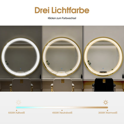 BarberPub Wandspiegel mit Beleuchtung, Badspiegel mit Aluminiumrahmen, Runder Spiegel mit Touch-Schalter, 3 Lichtfarben Dimmbar, Badezimmerspiegel für Friseursalon, Spa, 83x83cm, J6236