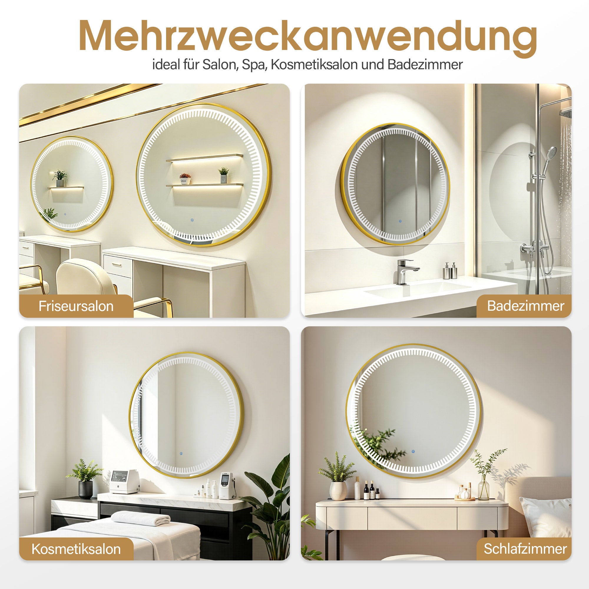 BarberPub Wandspiegel mit Beleuchtung, Badspiegel mit Aluminiumrahmen, Runder Spiegel mit Touch-Schalter, 3 Lichtfarben Dimmbar, Badezimmerspiegel für Friseursalon, Spa, 83x83cm, J6236
