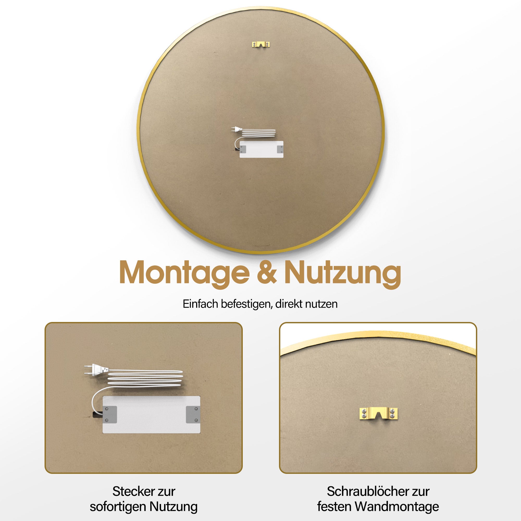 BarberPub Wandspiegel mit Beleuchtung, Badspiegel mit Aluminiumrahmen, Runder Spiegel mit Touch-Schalter, 3 Lichtfarben Dimmbar, Badezimmerspiegel für Friseursalon, Spa, 83x83cm, J6236