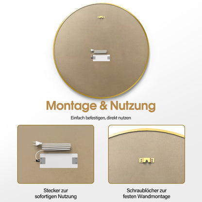 BarberPub Wandspiegel mit Beleuchtung, Badspiegel mit Aluminiumrahmen, Runder Spiegel mit Touch-Schalter, 3 Lichtfarben Dimmbar, Badezimmerspiegel für Friseursalon, Spa, 83x83cm, J6236