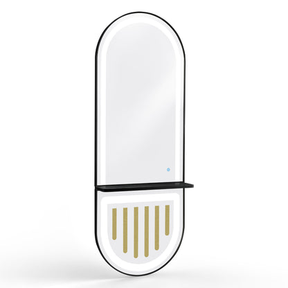 BarberPub Wandspiegel mit Beleuchtung, Ganzkörperspiegel mit Aluminiumrahmen, Spiegel Groß mit Ablage, Touch-Schalter, 3 Lichtfarben Dimmbar, Mondern für Friseursalon, 17x65x177 cm, J6257