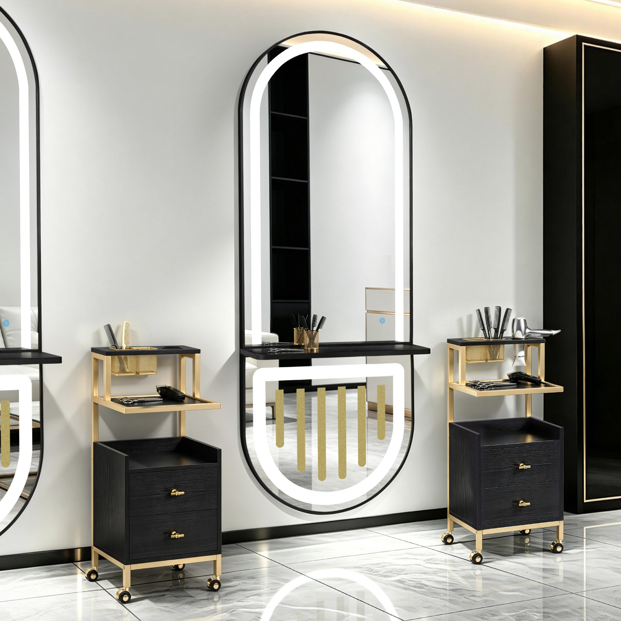 BarberPub Wandspiegel mit Beleuchtung, Ganzkörperspiegel mit Aluminiumrahmen, Spiegel Groß mit Ablage, Touch-Schalter, 3 Lichtfarben Dimmbar, Mondern für Friseursalon, 17x65x177 cm, J6257