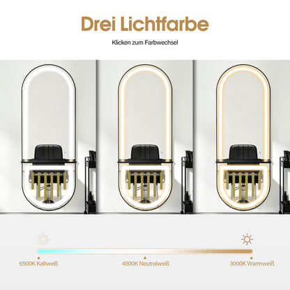BarberPub Wandspiegel mit Beleuchtung, Ganzkörperspiegel mit Aluminiumrahmen, Spiegel Groß mit Ablage, Touch-Schalter, 3 Lichtfarben Dimmbar, Mondern für Friseursalon, 17x65x177 cm, J6257