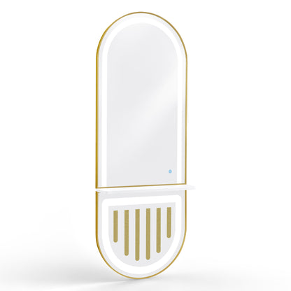 BarberPub Wandspiegel mit Beleuchtung, Ganzkörperspiegel mit Aluminiumrahmen, Spiegel Groß mit Ablage, Touch-Schalter, 3 Lichtfarben Dimmbar, Mondern für Friseursalon, 17x65x177 cm, J6257
