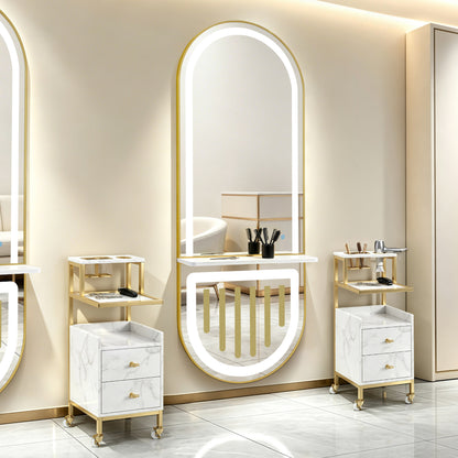 BarberPub Wandspiegel mit Beleuchtung, Ganzkörperspiegel mit Aluminiumrahmen, Spiegel Groß mit Ablage, Touch-Schalter, 3 Lichtfarben Dimmbar, Mondern für Friseursalon, 17x65x177 cm, J6257