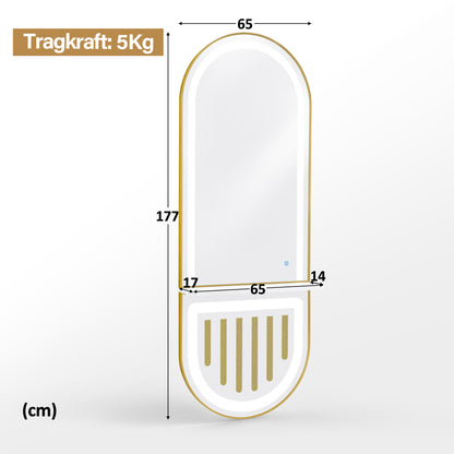 BarberPub Wandspiegel mit Beleuchtung, Ganzkörperspiegel mit Aluminiumrahmen, Spiegel Groß mit Ablage, Touch-Schalter, 3 Lichtfarben Dimmbar, Mondern für Friseursalon, 17x65x177 cm, J6257