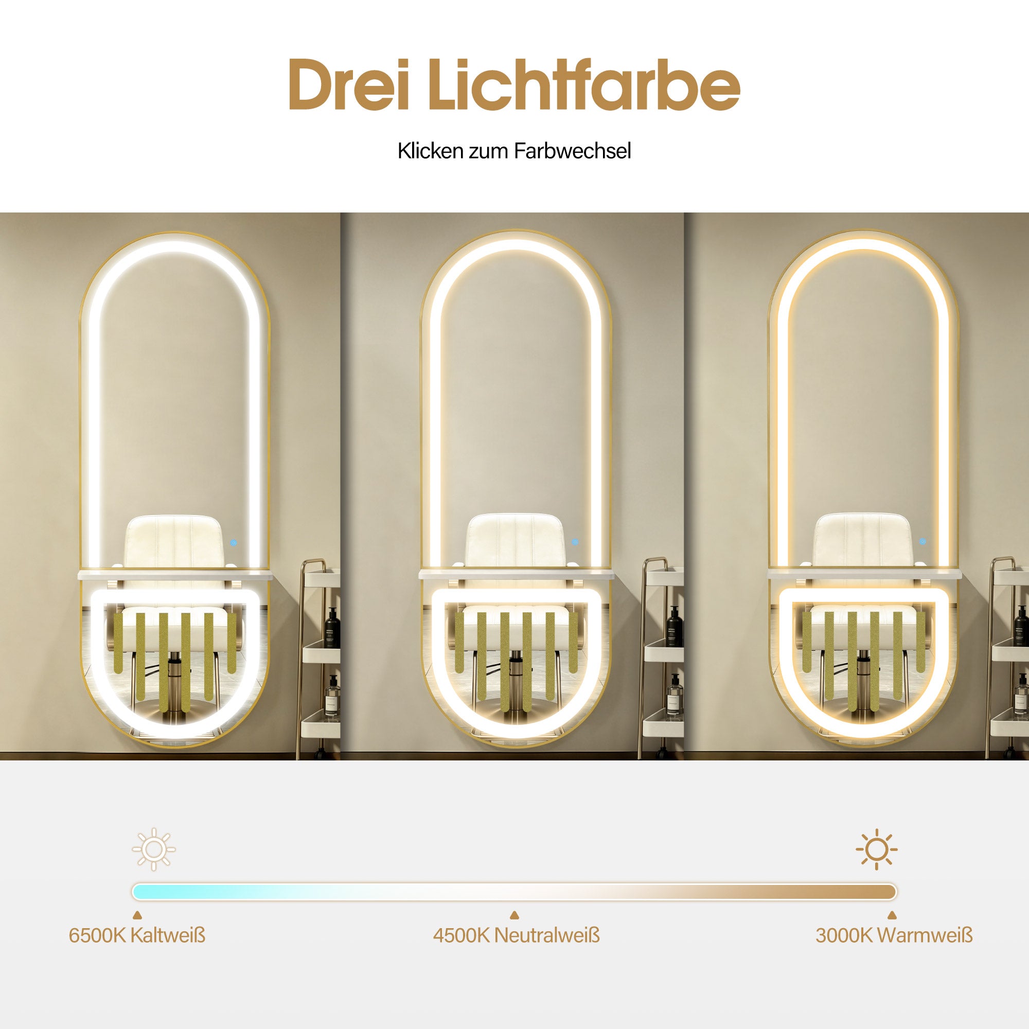 BarberPub Wandspiegel mit Beleuchtung, Ganzkörperspiegel mit Aluminiumrahmen, Spiegel Groß mit Ablage, Touch-Schalter, 3 Lichtfarben Dimmbar, Mondern für Friseursalon, 17x65x177 cm, J6257