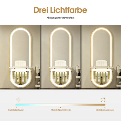 Specchio da parete BarberPub con illuminazione, specchio a figura intera con cornice in alluminio, specchio grande con ripiano, interruttore touch, 3 tonalità di luce dimmerabili, moderno per salone di parrucchiere, 17x65x177 cm, J6257