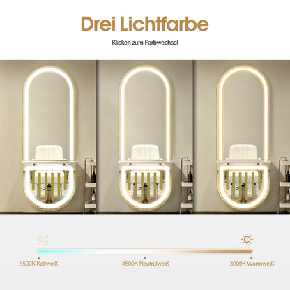 BarberPub Wandspiegel mit Beleuchtung, Ganzkörperspiegel mit Aluminiumrahmen, Spiegel Groß mit Ablage, Touch-Schalter, 3 Lichtfarben Dimmbar, Mondern für Friseursalon, 17x65x177 cm, J6257