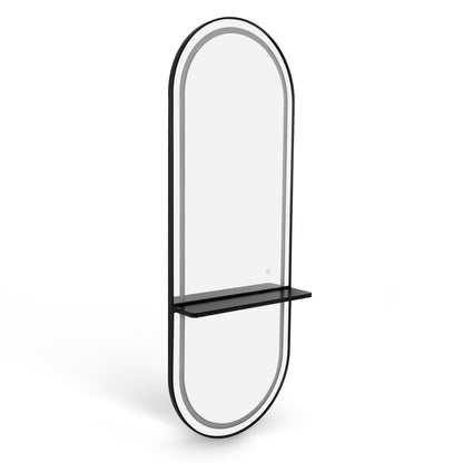 BarberPub Wall Mirror with Lighting, Full-Length Mirror with Aluminum Frame, Large Mirror with Shelf, Touch Switch, 3 Light Colors Dimmable, for Hair Salon, 17x65x177 cm, J6270