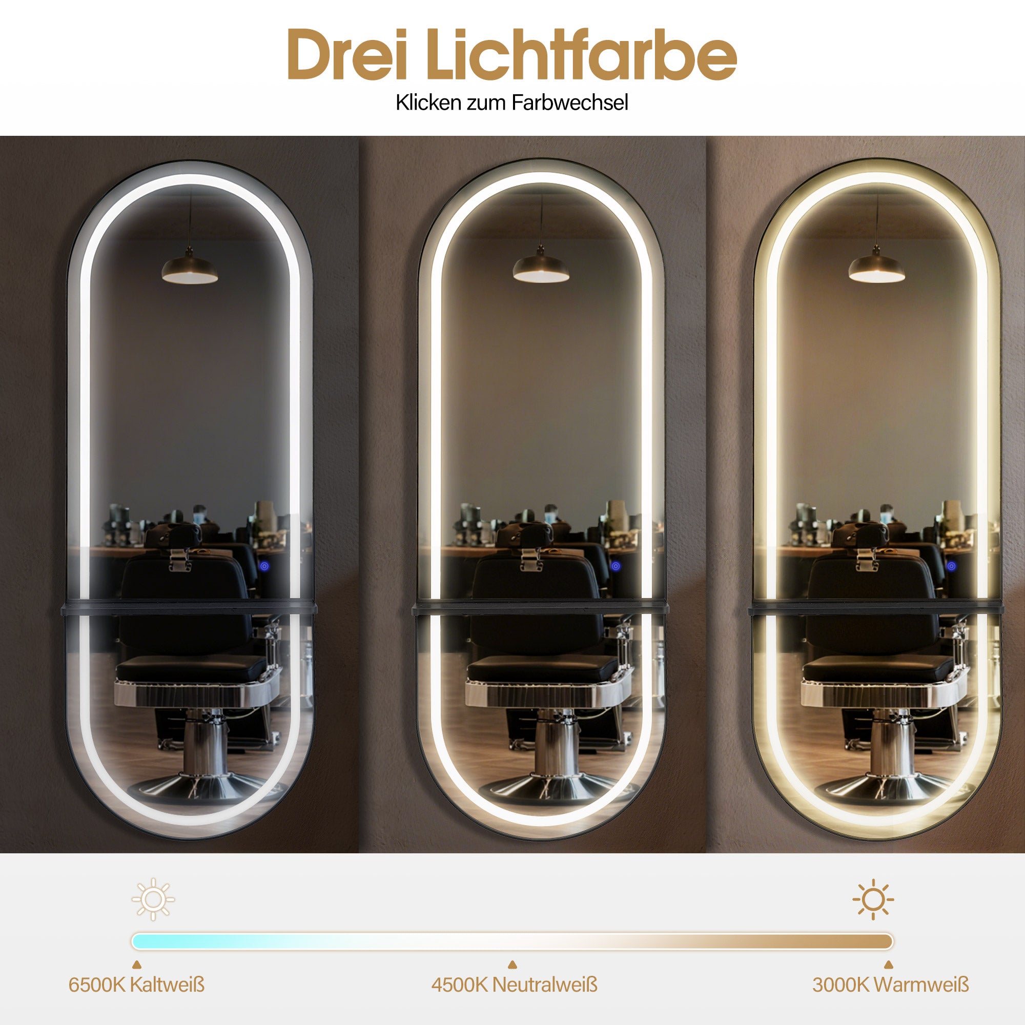 BarberPub Wall Mirror with Lighting, Full-Length Mirror with Aluminum Frame, Large Mirror with Shelf, Touch Switch, 3 Light Colors Dimmable, for Hair Salon, 17x65x177 cm, J6270