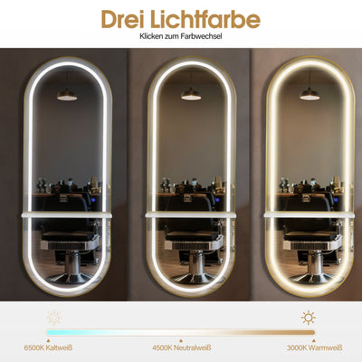 BarberPub specchio da parete con illuminazione, specchio a figura intera con cornice in alluminio, grande specchio con ripiano, interruttore touch, 3 tonalità di luce dimmerabili, per salone di parrucchiere, 17x65x177 cm, J6270