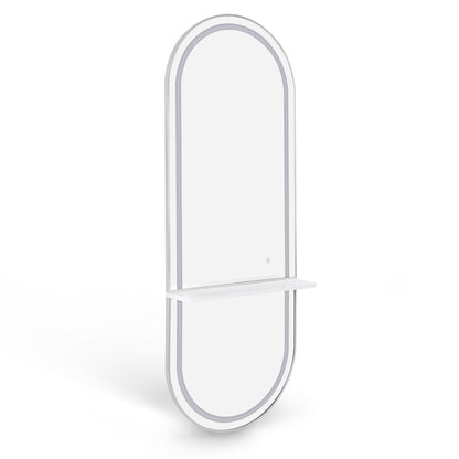 BarberPub Wall Mirror with Lighting, Full-Length Mirror with Aluminum Frame, Large Mirror with Shelf, Touch Switch, 3 Light Colors Dimmable, for Hair Salon, 17x65x177 cm, J6270