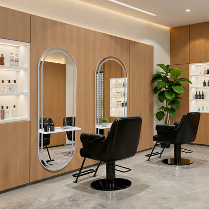 BarberPub Wall Mirror with Lighting, Full-Length Mirror with Aluminum Frame, Large Mirror with Shelf, Touch Switch, 3 Light Colors Dimmable, for Hair Salon, 17x65x177 cm, J6270