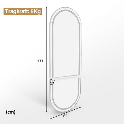 BarberPub Wall Mirror with Lighting, Full-Length Mirror with Aluminum Frame, Large Mirror with Shelf, Touch Switch, 3 Light Colors Dimmable, for Hair Salon, 17x65x177 cm, J6270