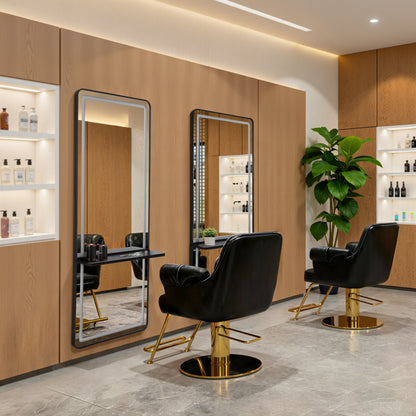 BarberPub Wall Mirror with Lighting, Full-Length Mirror with Aluminum Frame, Large Mirror with Shelf, Touch Switch, 3 Light Colors Dimmable, for Hair Salon, 17x65x177 cm, J6271