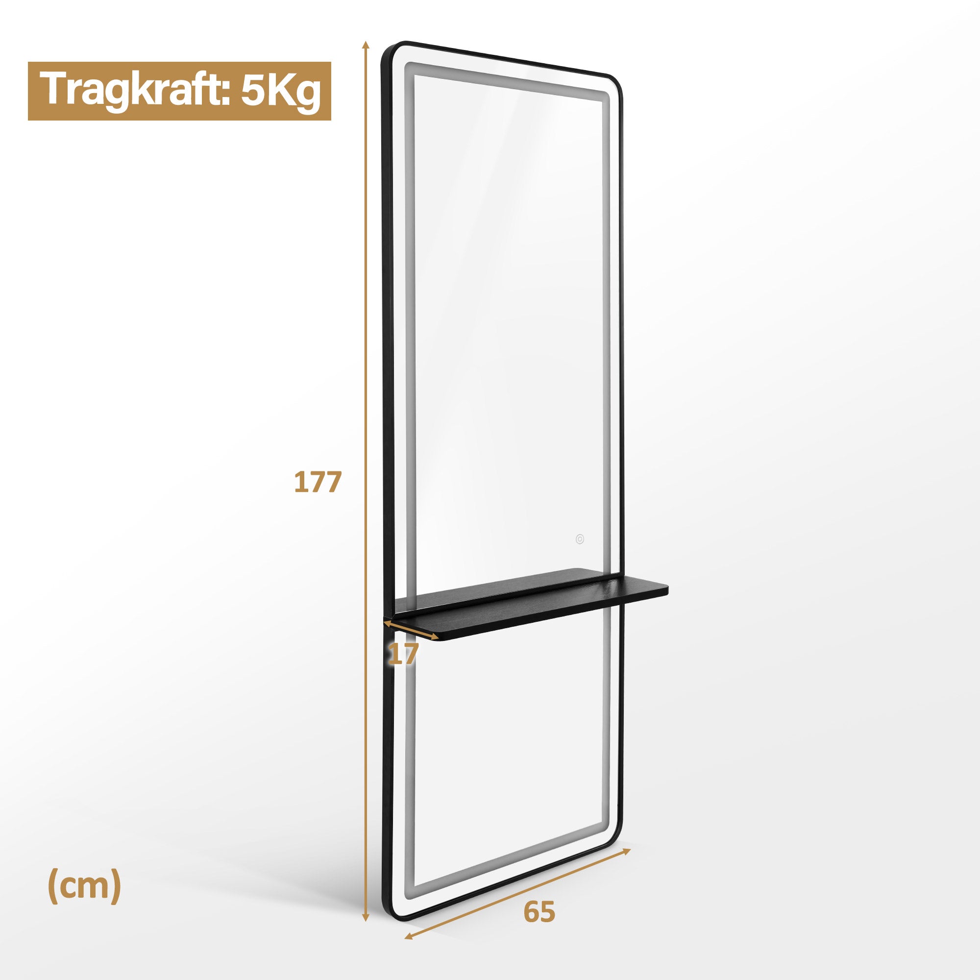 BarberPub Wall Mirror with Lighting, Full-Length Mirror with Aluminum Frame, Large Mirror with Shelf, Touch Switch, 3 Light Colors Dimmable, for Hair Salon, 17x65x177 cm, J6271