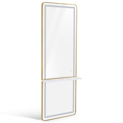 BarberPub specchio da parete con illuminazione, specchio a figura intera con cornice in alluminio, grande specchio con mensola, interruttore touch, 3 colori della luce dimmerabili, per salone di parrucchiere, 17x65x177 cm, J6271
