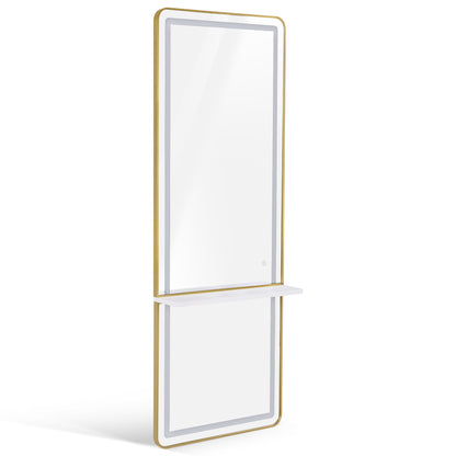 BarberPub Wall Mirror with Lighting, Full-Length Mirror with Aluminum Frame, Large Mirror with Shelf, Touch Switch, 3 Light Colors Dimmable, for Hair Salon, 17x65x177 cm, J6271