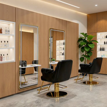 BarberPub Wall Mirror with Lighting, Full-Length Mirror with Aluminum Frame, Large Mirror with Shelf, Touch Switch, 3 Light Colors Dimmable, for Hair Salon, 17x65x177 cm, J6271