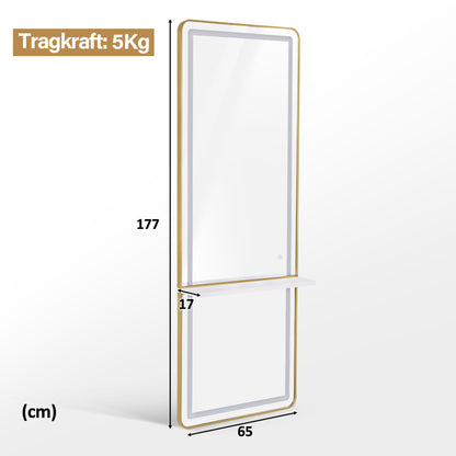 BarberPub Wall Mirror with Lighting, Full-Length Mirror with Aluminum Frame, Large Mirror with Shelf, Touch Switch, 3 Light Colors Dimmable, for Hair Salon, 17x65x177 cm, J6271
