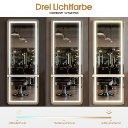BarberPub Wall Mirror with Lighting, Full-Length Mirror with Aluminum Frame, Large Mirror with Shelf, Touch Switch, 3 Light Colors Dimmable, for Hair Salon, 17x65x177 cm, J6271