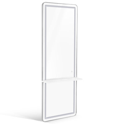 BarberPub specchio da parete con illuminazione, specchio a figura intera con cornice in alluminio, grande specchio con mensola, interruttore touch, 3 colori della luce dimmerabili, per salone di parrucchiere, 17x65x177 cm, J6271