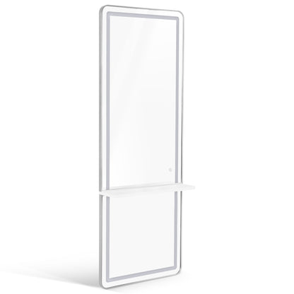 BarberPub Wall Mirror with Lighting, Full-Length Mirror with Aluminum Frame, Large Mirror with Shelf, Touch Switch, 3 Light Colors Dimmable, for Hair Salon, 17x65x177 cm, J6271