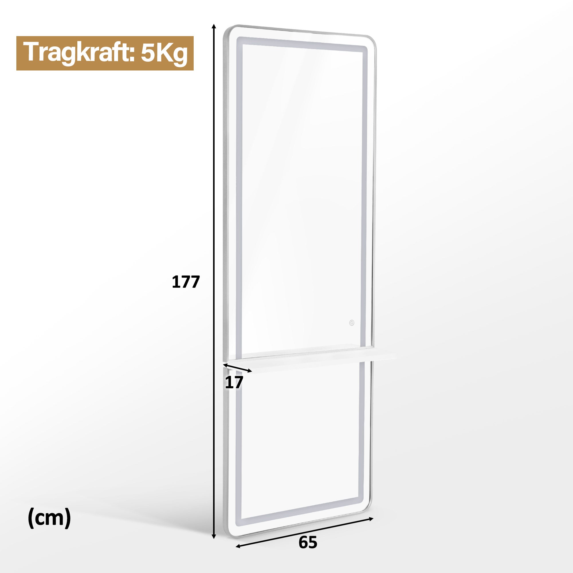 BarberPub Wall Mirror with Lighting, Full-Length Mirror with Aluminum Frame, Large Mirror with Shelf, Touch Switch, 3 Light Colors Dimmable, for Hair Salon, 17x65x177 cm, J6271