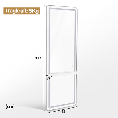 BarberPub specchio da parete con illuminazione, specchio a figura intera con cornice in alluminio, grande specchio con mensola, interruttore touch, 3 colori della luce dimmerabili, per salone di parrucchiere, 17x65x177 cm, J6271