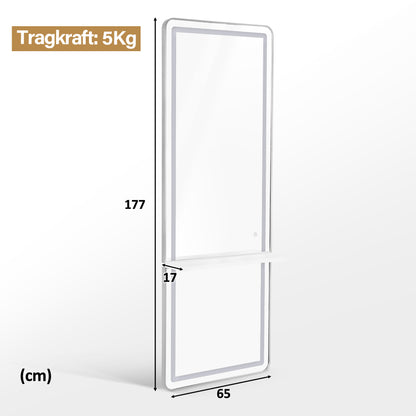 BarberPub Wall Mirror with Lighting, Full-Length Mirror with Aluminum Frame, Large Mirror with Shelf, Touch Switch, 3 Light Colors Dimmable, for Hair Salon, 17x65x177 cm, J6271