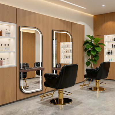 BarberPub Wall Mirror with Lighting, Full Length Mirror with Aluminum Frame, Large Mirror with Shelf, Touch Switch, 3 Dimmable Light Colors, for Hair Salon, J6298