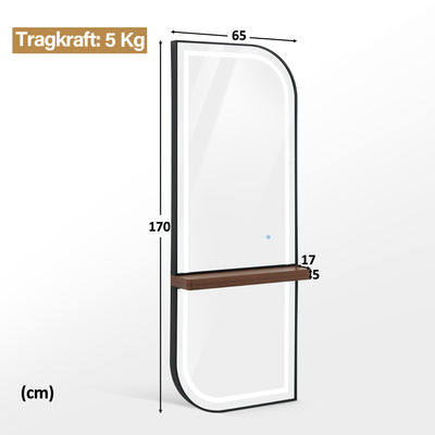 BarberPub Wall Mirror with Lighting, Full Length Mirror with Aluminum Frame, Large Mirror with Shelf, Touch Switch, 3 Dimmable Light Colors, for Hair Salon, J6298