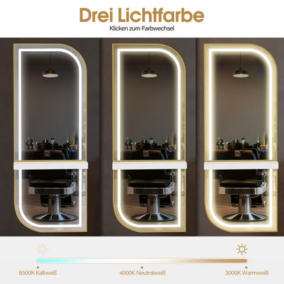 BarberPub Wall Mirror with Lighting, Full Length Mirror with Aluminum Frame, Large Mirror with Shelf, Touch Switch, 3 Dimmable Light Colors, for Hair Salon, J6298