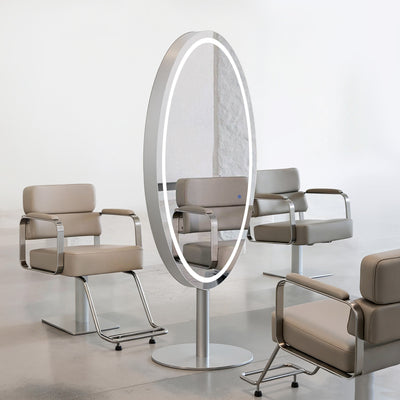 Specchio da terra BarberPub con illuminazione, specchio a figura intera in acciaio inossidabile, grande specchio doppio con base, interruttore touch, 3 colori della luce dimmerabili, per salone di parrucchiere, 60x60x192 cm, J8363 (argento)