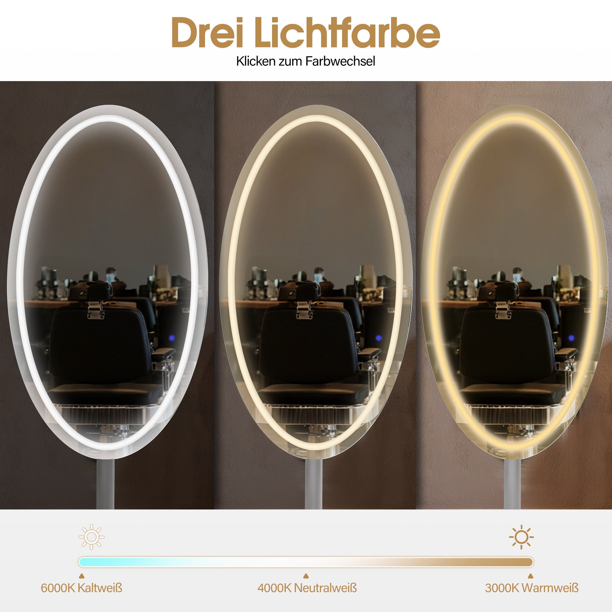 BarberPub Miroir de Sol Éclairé, Miroir Pleine Longueur en Acier Inoxydable, Grand Double Miroir sur Socle, Interrupteur Tactile, 3 Couleurs de Lumière Dimmables, pour Salon de Coiffure, 60x60x192 cm, J8363 (Argent)