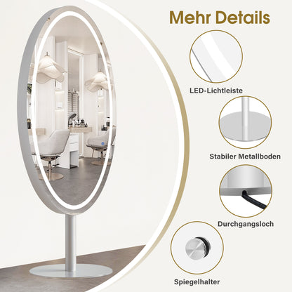 BarberPub Miroir de Sol Éclairé, Miroir Pleine Longueur en Acier Inoxydable, Grand Double Miroir sur Socle, Interrupteur Tactile, 3 Couleurs de Lumière Dimmables, pour Salon de Coiffure, 60x60x192 cm, J8363 (Argent)