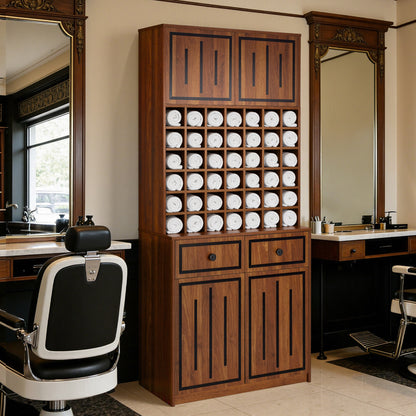 Meuble de rangement BarberPub avec 2 tiroirs, 42 compartiments ouverts et 4 armoires, meuble de salle de bain noir, armoire haute en bois pour salon de coiffure, salon de beauté R6194/R6179