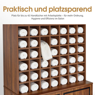 Armadio per asciugamani BarberPub con 2 cassetti, 42 vani aperti e 4 scomparti chiusi, armadietto da bagno nero, colonna portaoggetti in legno per saloni di parrucchieri e di bellezza R6194/R6179